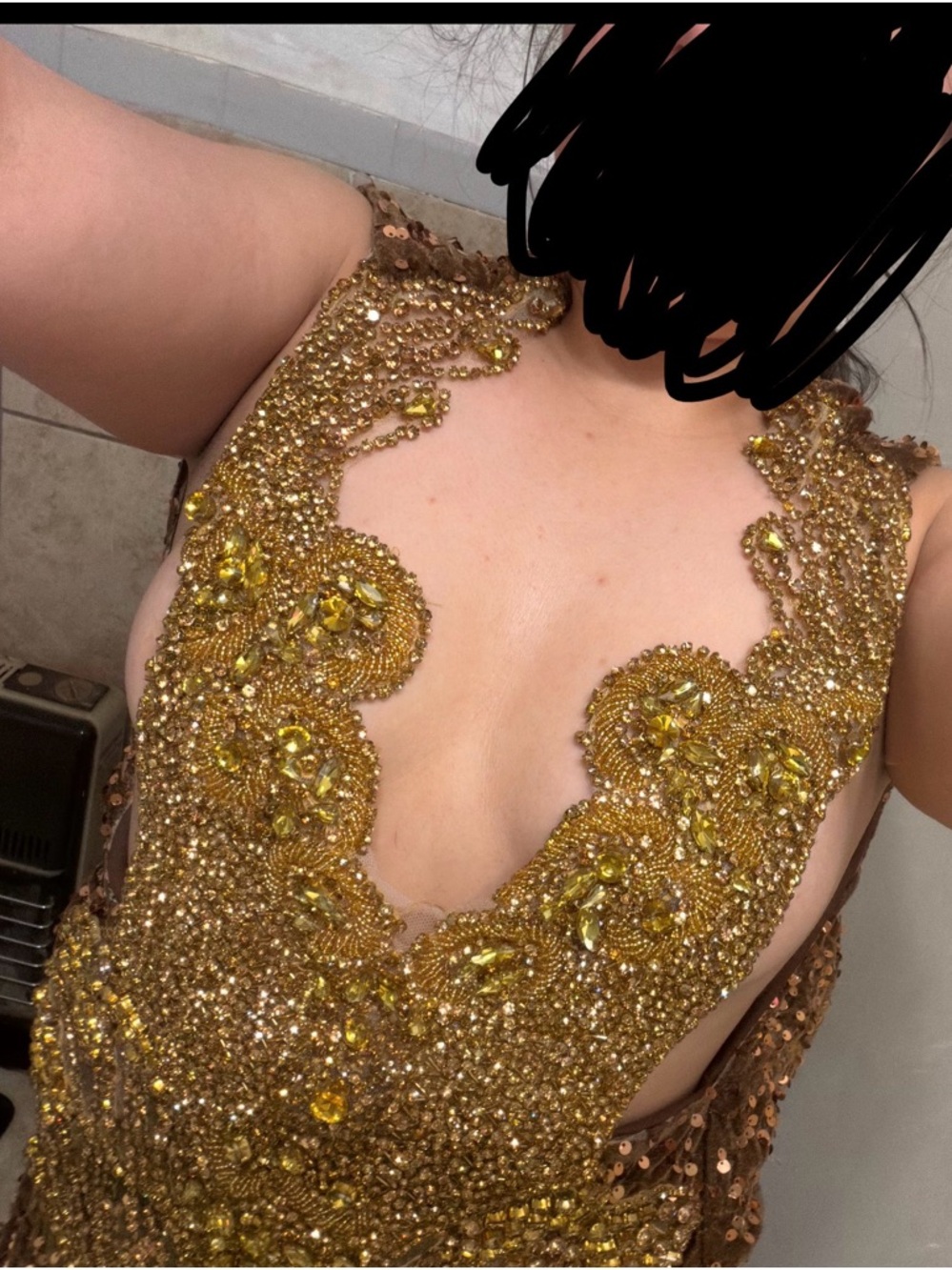 Backless Brown Sequin Evening Gown with Gold Embellishment - Picture 15 of 15